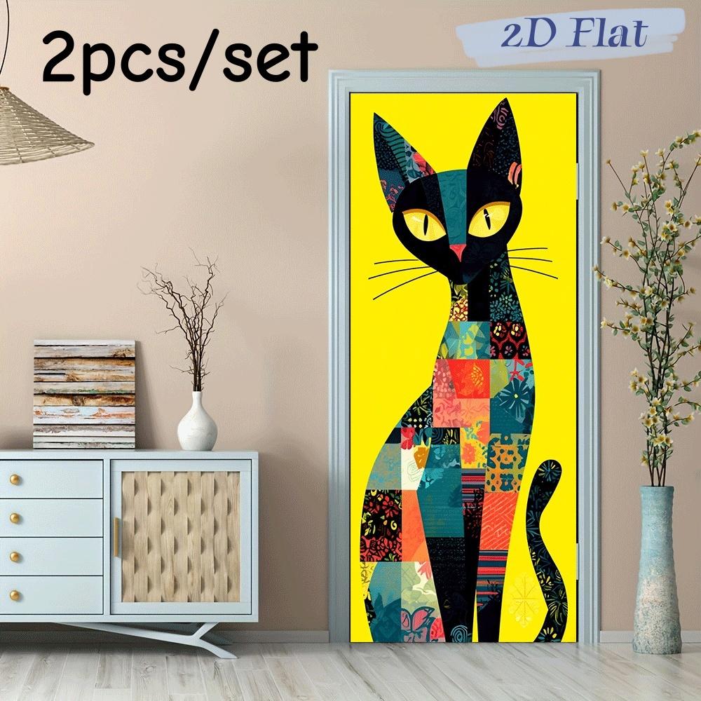 

2pcs Color Geometric Splicing Cat Wall Stickers Creative Animal Patterns Home Decoration Stickers Self Adhesive Removable Living (as the picture,38.5x200cmx2)
