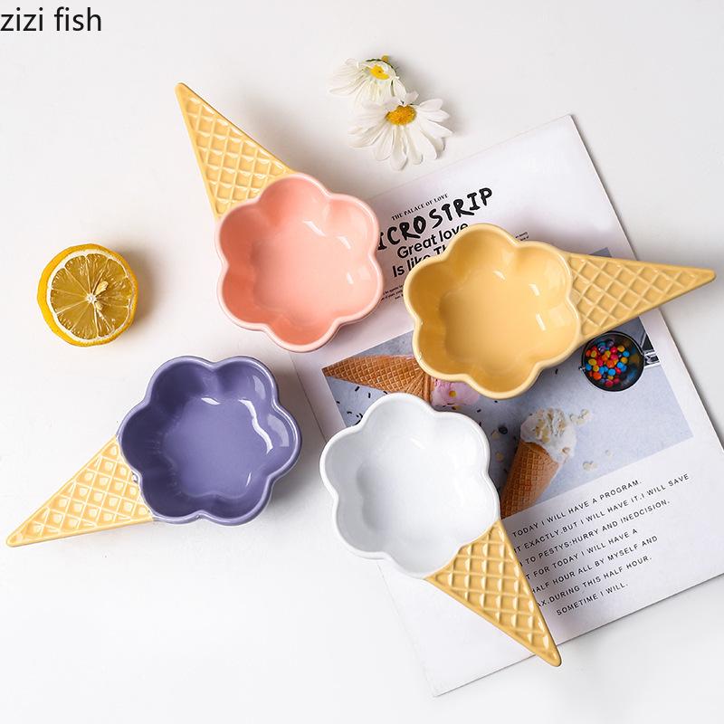Eiscreme-förmige Keramik-Dessertschale Frühstücksschalen Griff Nudelschale Essteller Obstteller Suppenschalen Snackschalen Tablett