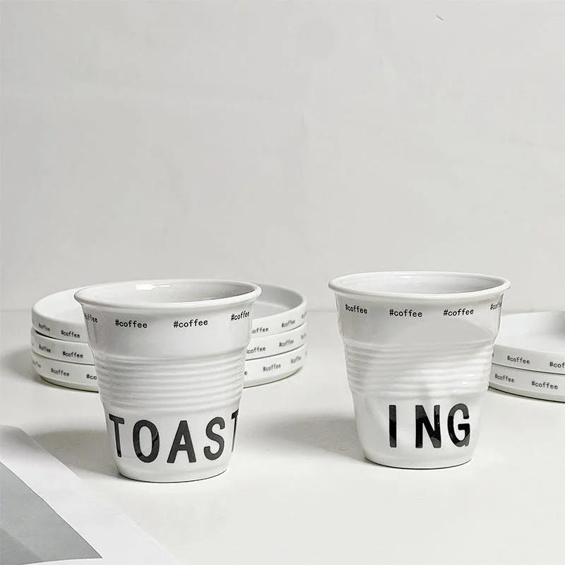 200ml Coffee Mug French Pleated Irregular White Ceramic Nordic Creative Design Wrinkle Cup Tumbler with English Letter Milk Cup