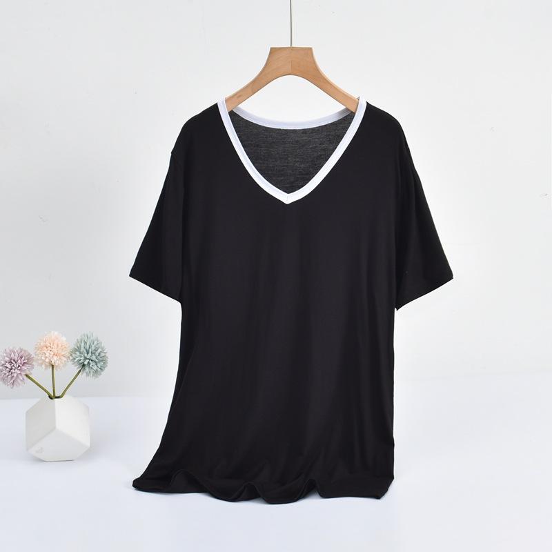 Modal V-Neck Tshirt Summer Women's Thin T-shirts Half Sleeves Solid Color Plus Size Loose Casual Tee Tops
