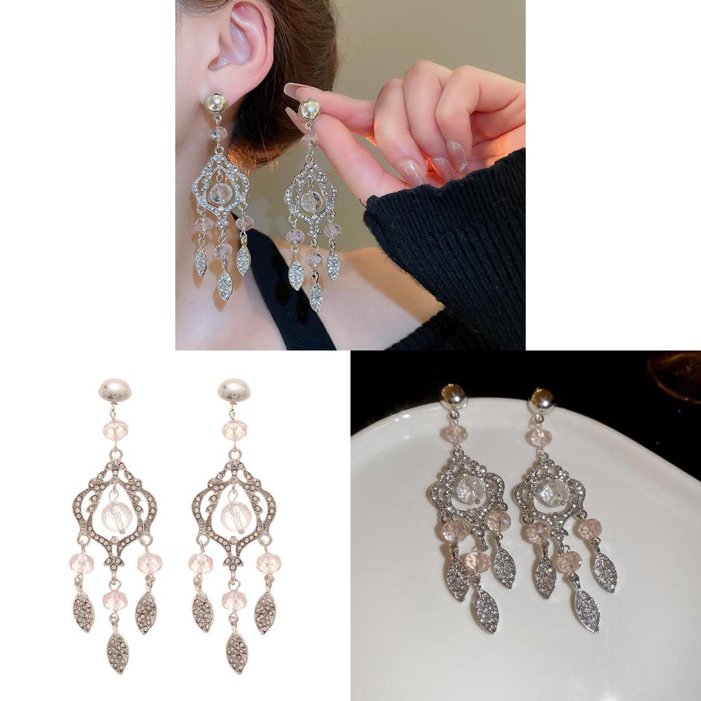 Vintage Leaf Dangle Earrings With Rhinestone Glass Beads For Women