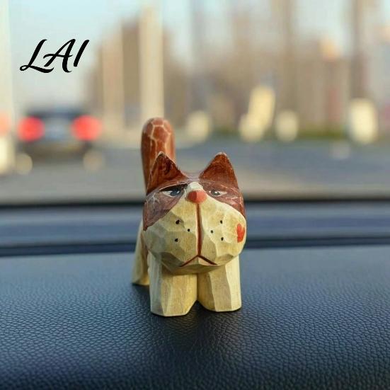 Handmade Wood Cat Ornaments Tabby Figurine with Painting Hand Carved Basswood Retro Style Wooden Animal Sculptures Statue Art Ornament for