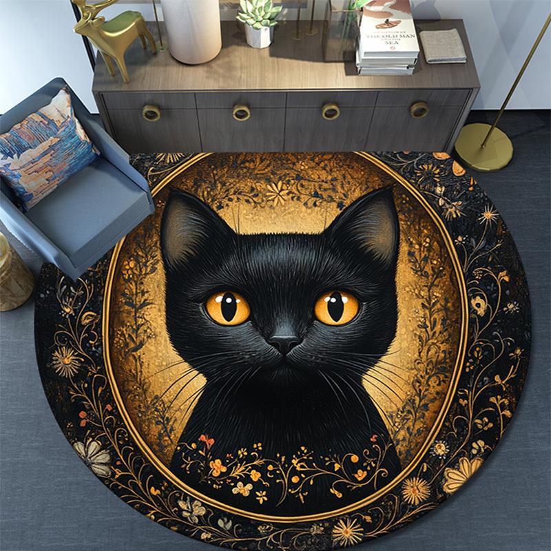 Golden Framed Black Cat Round Area Rug,Carpet Rug for Living Room Bedroom Sofa Playroom Decor,Non-slip Floor Mat