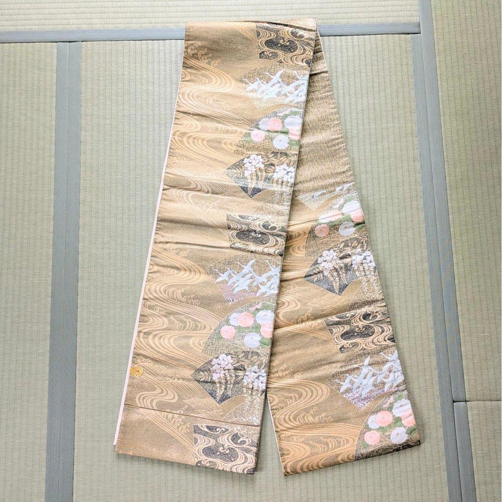 Used Nishijin-ori Six-panel Fukuro Obi with Certificate, Karori, Chiri-nagashi Kasen-cho, Gold and Silver Threads, Pure Silk, Beautiful Condition,