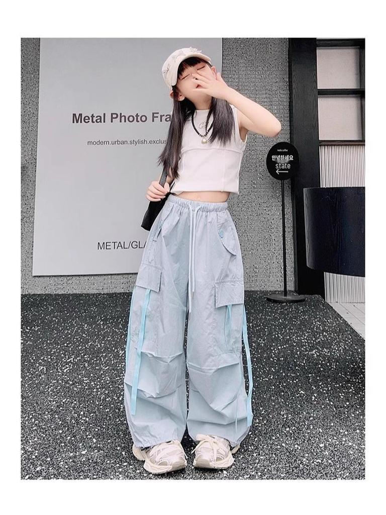 Girls' Loose Wide-Leg Summer Workwear Pants - Korean Street Style for Big Kids, Cool and Thin for Spring and Autumn.