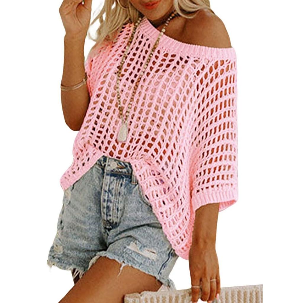 Women's Summer Knit Half Sleeve Sexy Cutout Hollow-out Pullover Beach Cover Up Top Sweater