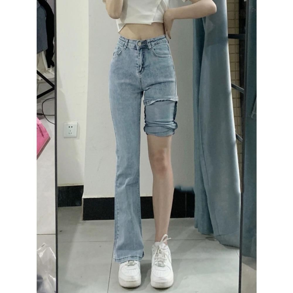 

American high street micro-pull jeans women s spring small flared pants show height and thinness horseshoe trousers 2XL светло-синий