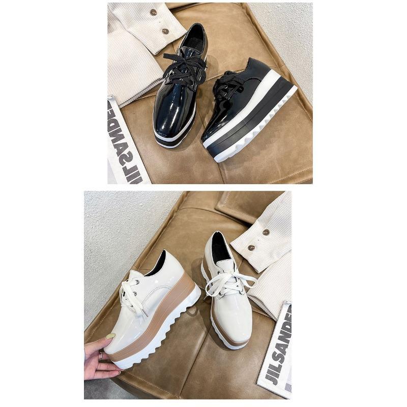 Women's Thick-soled Muffin Shoes, Women's Autumn and Winter Lace-up Square Toe Patent Leather Deep Single Shoes High-heeled Shoes