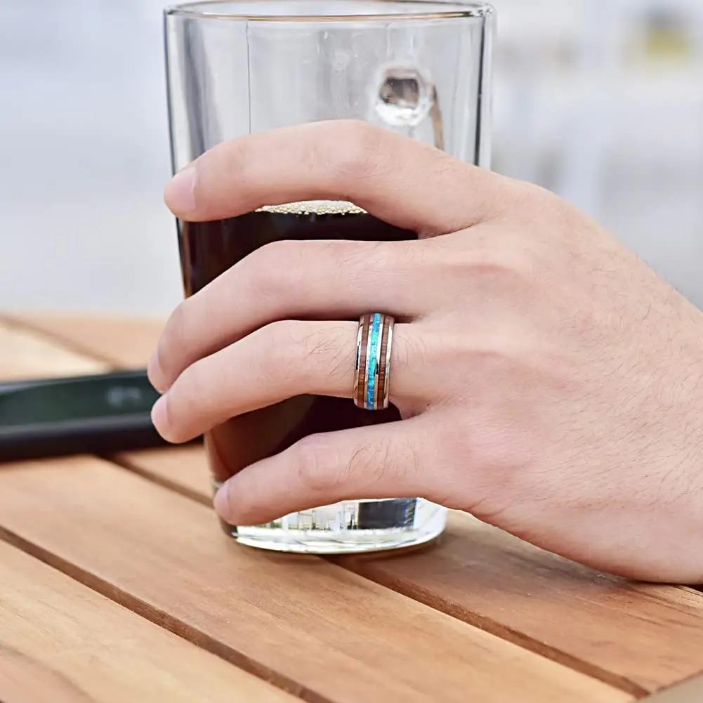 Fashion 8mm Stainless steel Hawaiian Koa Wood Rings For Men WIth Blue Fire Opal Rings Men Wedding Band Jewelry Drop Shipping