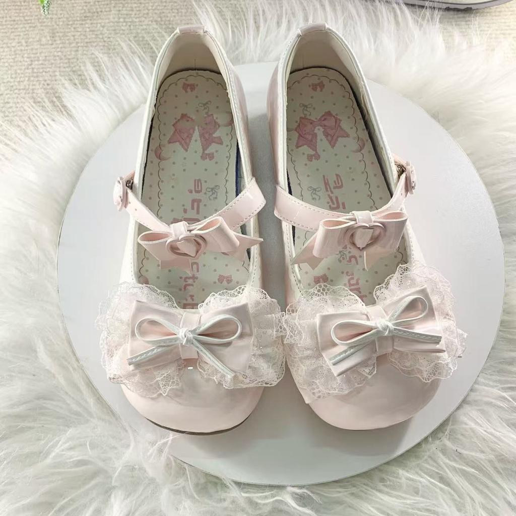Lace Bow Knot Women's Mary Jane Shoes 2025 New Sweet Ballet Dance Shoes Buckle Strap Comfortable Princess Leather Shoes