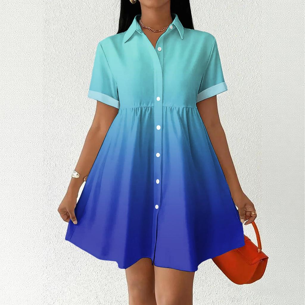 Women’s Casual Loose Fit Shirt Dress Button Down Stand Collar Short Sleeve Gradient Print Fashion Tunic Dress