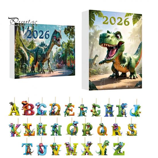 Englischer Aufklärungs Lernwerkzeug 26 Buchstaben Cartoon Dinosaurier Adventskalender, 2D Acryl Dino Figuren Nicht Wiederholende Buchstaben Ornamente Weihnachten