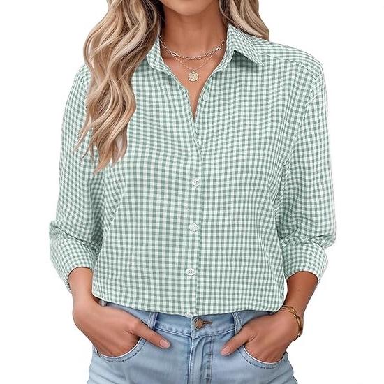 

Женская зеленая ретро-клетчатая приталенная рубашка с длинным рукавом Осень/Зима 2026 Large зеленый плед/белый