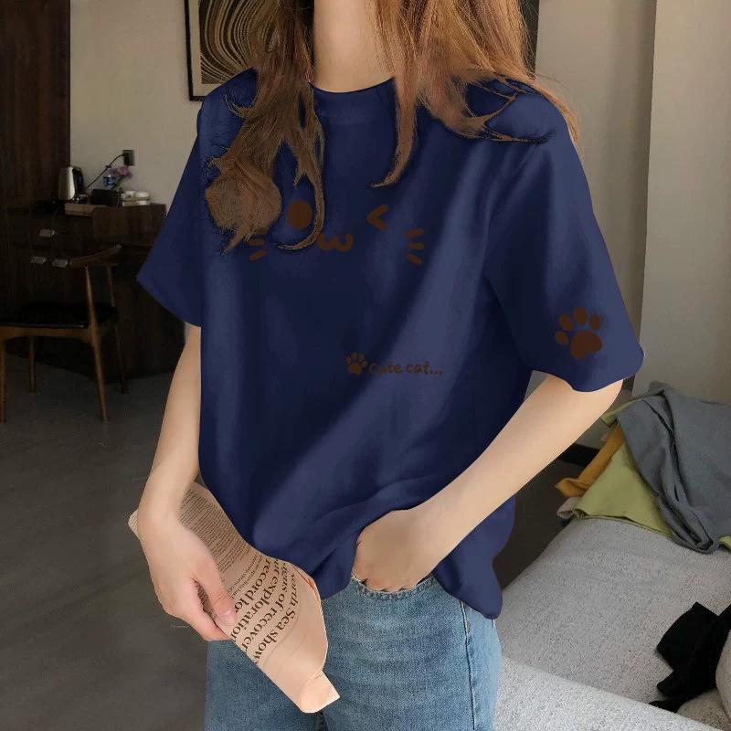 Women's Round Neck Short Sleeve Graphic Top Loose Fit Casual T Shirt 2026 Spring Pure Cotton Mid Length Pullover with Cute Cat Face Paw Print Pattern