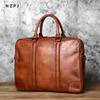 NZPJ Retro Handmade Leather Men's Handbag Top Layer Cowhide Briefcase Vegetable Tanned Leather Horizontal Business Computer Bag