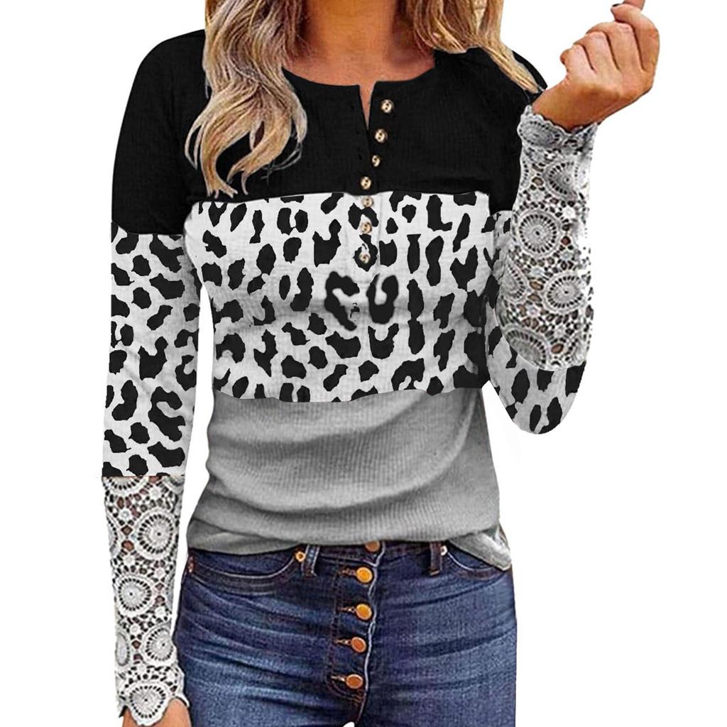 Women Fashion Patchwork Printing Lace Long Sleeve Casual Button Pullover Sweatshirt Top