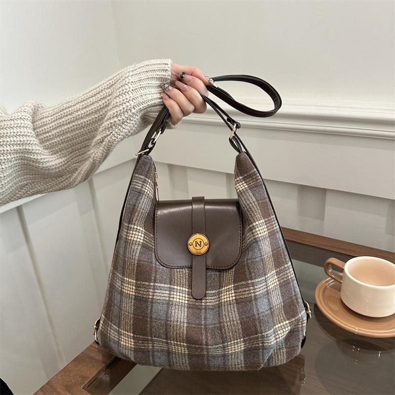 Fashionforward Plaid Tote Bag For Women In Coffee Blue And Yellow With Structure Soft