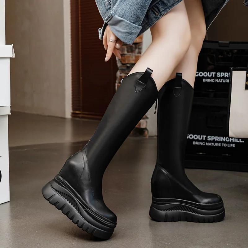 Fashion 12CM Microfiber Leather Platform Wedge Knee High Booties Women Autumn Slip on Spring Chimney Hidden Heels Over The Shoes