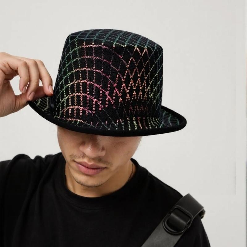 Sparkling Checkered Flat Top Derby Hat For Parties And Event Durability Polyester Fabric Hat