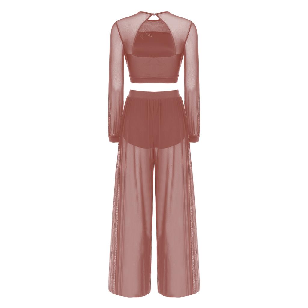 Damen Lyrical Dance Outfits Laternenärmel Rückenfreies Crop Top Eingearbeiteter Slip Netzhose Fließende Tanzbekleidung