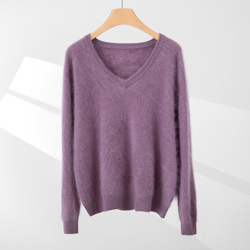 Women's Cashmere V-Neck Pullover, Loose Brushed Knit, Autumn/Winter 2025, All-Color Base Layer Sweater