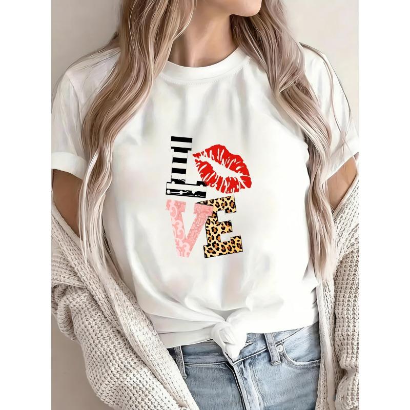 Love Graphic Print White T Shirt With Lip And Leopard Pattern For Casual Wear