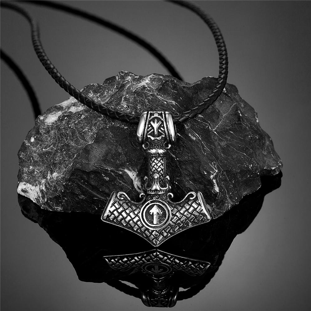 Vikings Crown Thor's Hammer Necklaces Men Stainless Steel Norse Mythology Runes Valknut Pendant Amulet Scandinavian Male Jewelry
