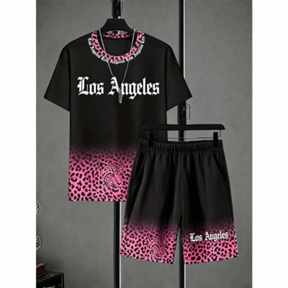 Fun Men's Set Leopard Printed Men's T-shirt and Shorts 2 Piece Set Summer Casual Outdoor Plus Size Men's and Women's T-shirt Sets