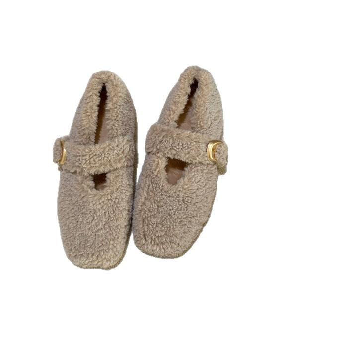 Flat-bottomed Gentle Fluffy Shoes for Women's Outer Wear 2025 Autumn and Winter New Models with Mary Jane Shoes with Velvet Doudou Cotton Shoes