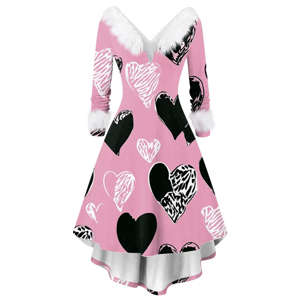 Damen stilvolles und elegantes langärmeliges V-Ausschnitt Kleid mit Valentinstags-Herzprint