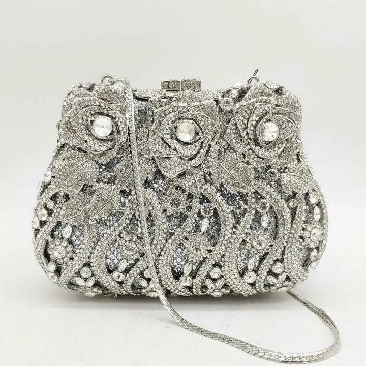 

Boutique De FGG Elegant Women Flower Evening Handbags Crystal Clutch Purse Formal Party Wedding Bridal Rhinestone Clutch Bag Mini Size