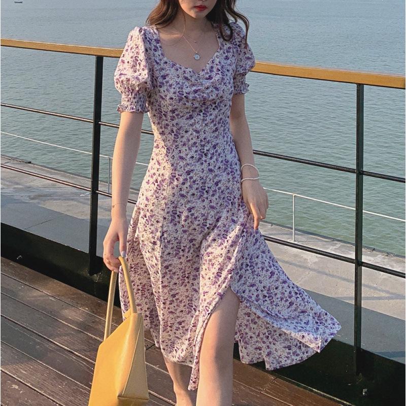 2025 French Retro Puff Sleeve Floral Chiffon Dress in Light Purple for Spring, Summer, and Autumn