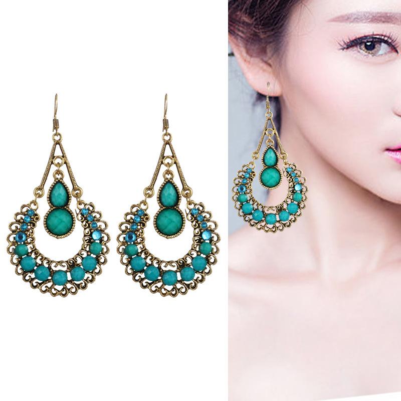 Ethnic Boho Women Drop Dangle Earrings Geometric Carved Hollow Bead Crystal Antique Bohemian Wedding Earring