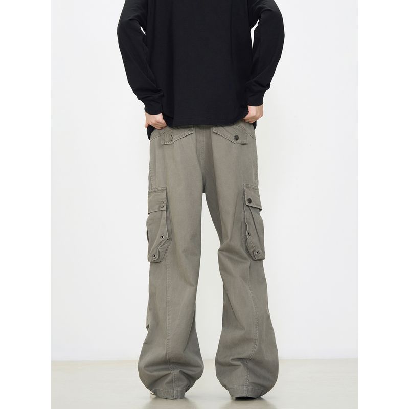 Kisko Design-Inspired Vintage Deconstructed Pocket Wide-Leg Pleated Cargo Pants for Men and Women, American High Street Casual Straight-Leg Pants