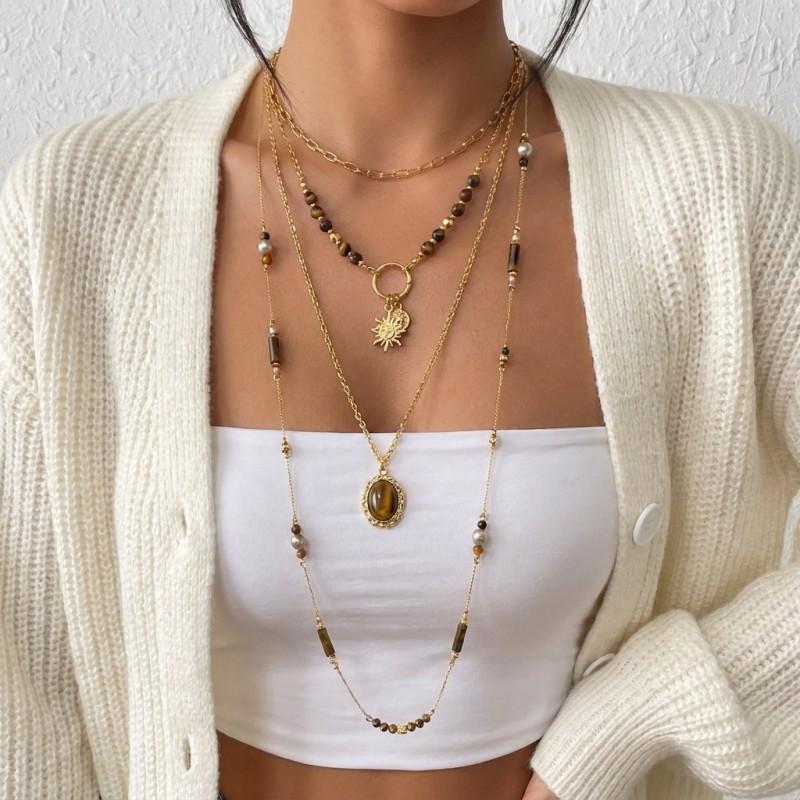 Bohemian Layered Necklace Set Vintage Colorful Stone Beaded Sweater Chain Women