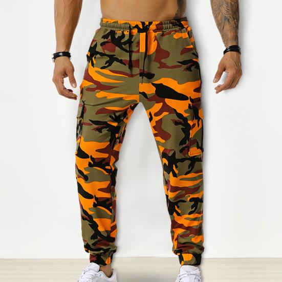 Men Sweatpants Camouflage Drawstring Elastic Waist Multi Pockets Streetwear Loose Ankle Tied Cargo Pants for Training Running Fitness