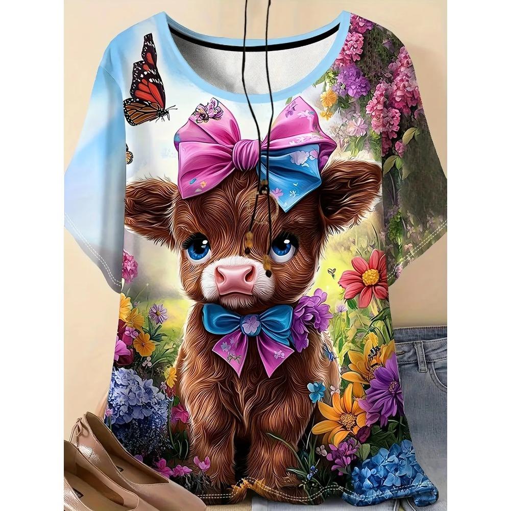 Plus Size Casual Crew Neck Short Sleeve Cartoon Animal Print T-Shirt - Soft Stretch Polyester Fabric Spring and Summer Womens Relaxed Fit Clothing