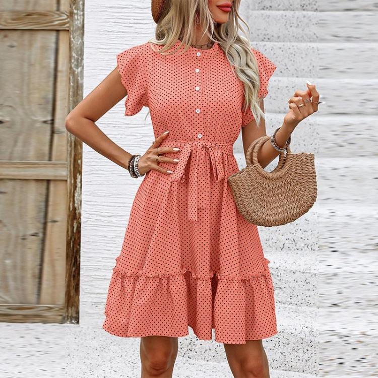 Women Summer Dress High Waist A-Line Lace Up O-Neck Dot Print Short Sleeve Lotus Leaf Midi Dress Sizes S-XL