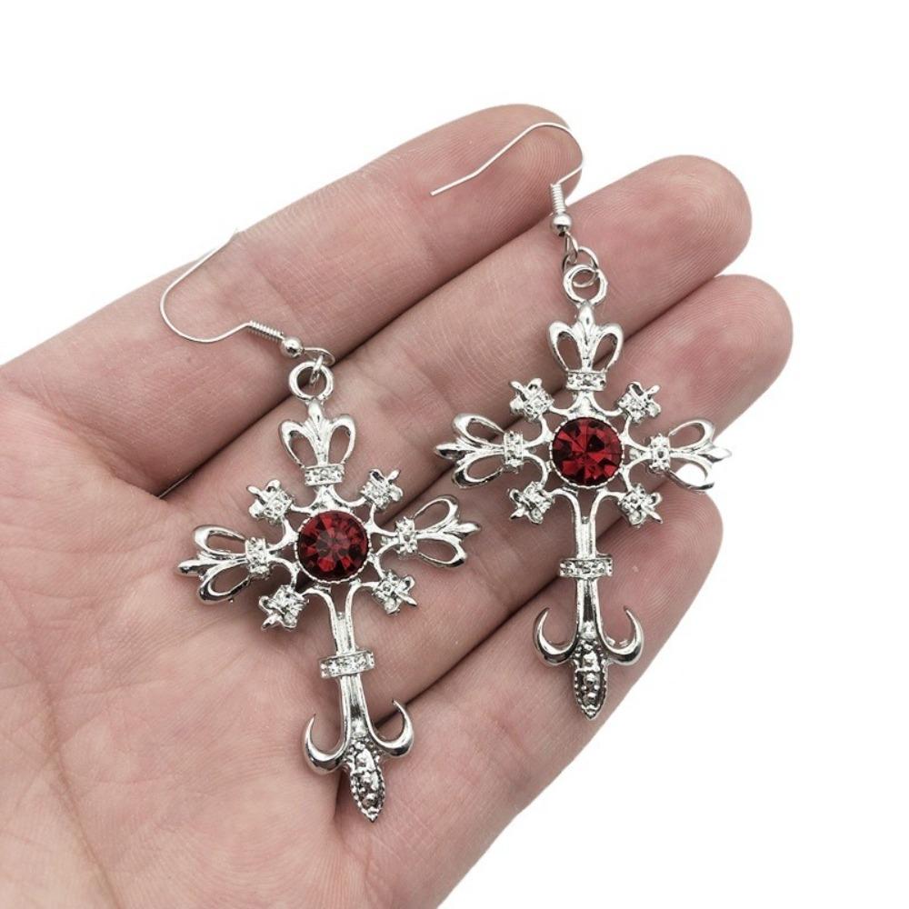 Gothic Punk Hollowed-out Cross Anchor Red Zircon Pendant Dangle Earrings for Women Personality Charm Hoop Earring Jewelry Gifts