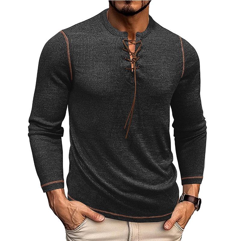 Mens Crew Neck Long Sleeve Ribbed Henley T Shirt Casual Fitted Pullover Tops M