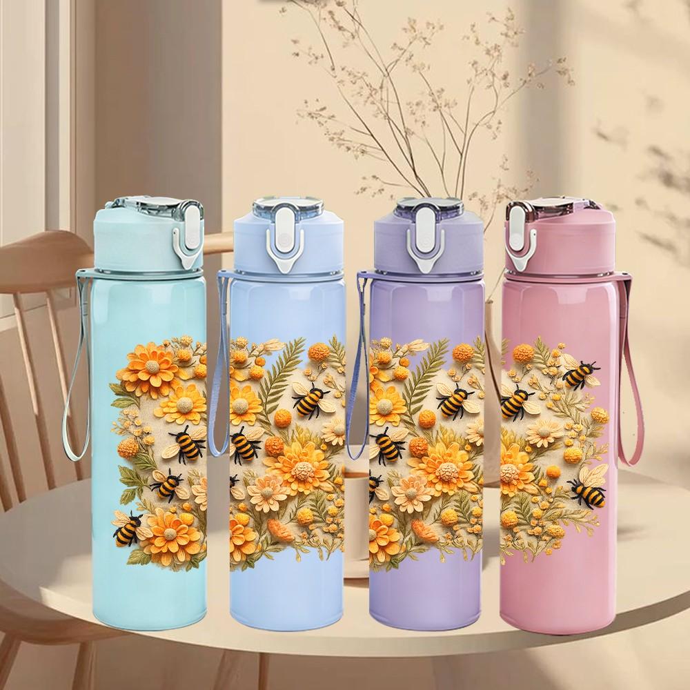 1PC Dry Autumn Yellow Flower Cluster Print 750ml Color Plastic Sports Water Bottle Leakproof Flip Straw Lid Suitable for Sports Office Home Use
