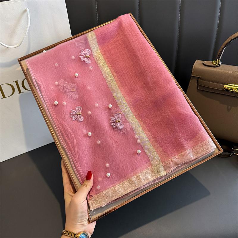Floral Embroidery Silk Wool Scarf Luxury Women Hijab Female Foulard Pashmina Long Beach Stoles Shawl Wrap Scarves Bandana