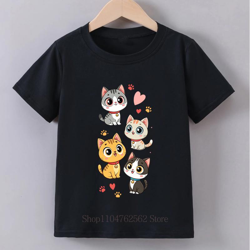 Four Cute Cats Print Tshirts for Girls Summer Casual Fashion Kids Colorful Comfortable Tops Children ONeck Short Sleeve Tees