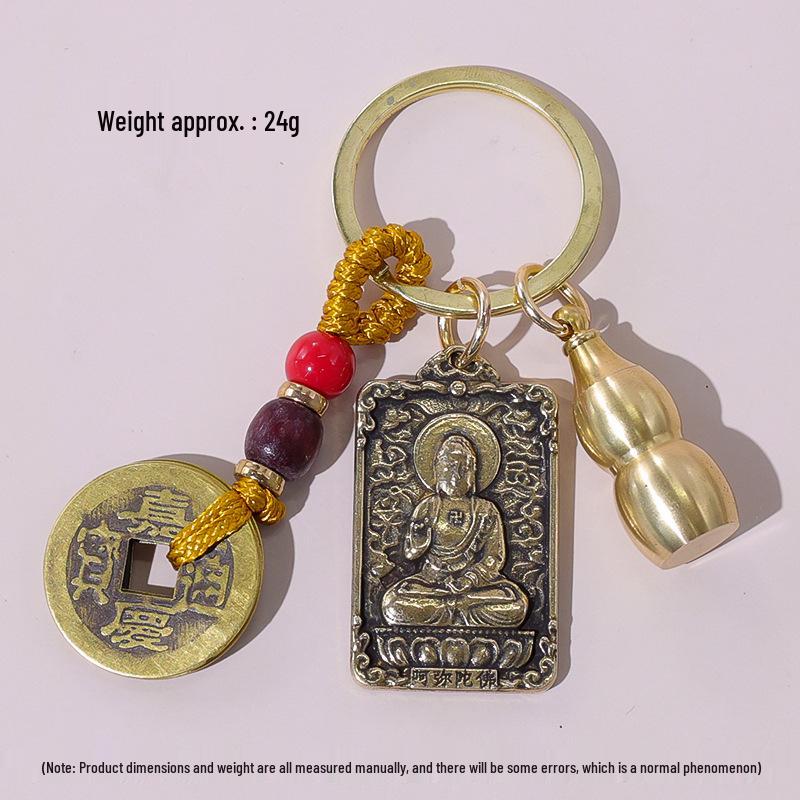 Brass Zodiac Amulet Keychain: Eight Guardian Gods with Hollow Copper Gourd Pendant