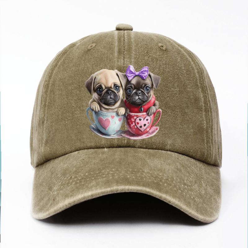 Cute Pug Puppies in Teacups Print Adjustable Baseball Cap Denim Casual Hat for Unisex