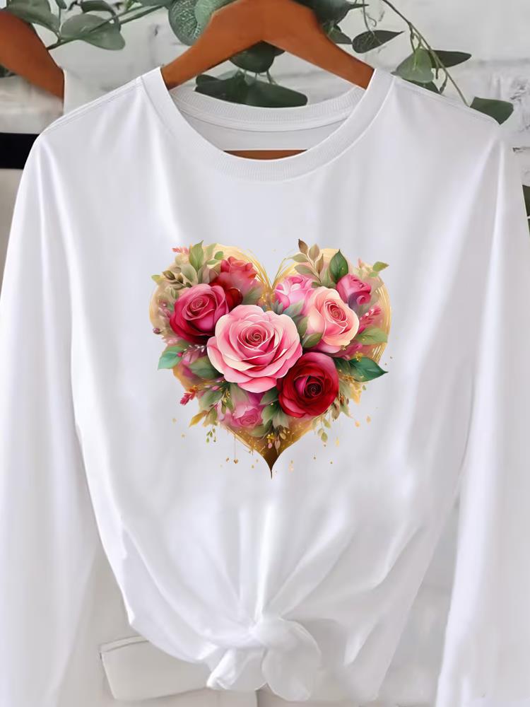 (Asian Size) O-neck Women T Shirt Tee Lady Watercolor Flower Trend Printed Female Clothing Casual Fashion Top Long Sleeve  Graphic T-shirts