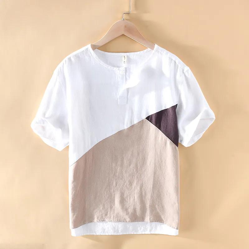 Fresh Round Neck Stitching Color Hit Short-sleeved Linen T-shirt Men's Summer Casual Large Size Loose Cotton and Linen Sweater