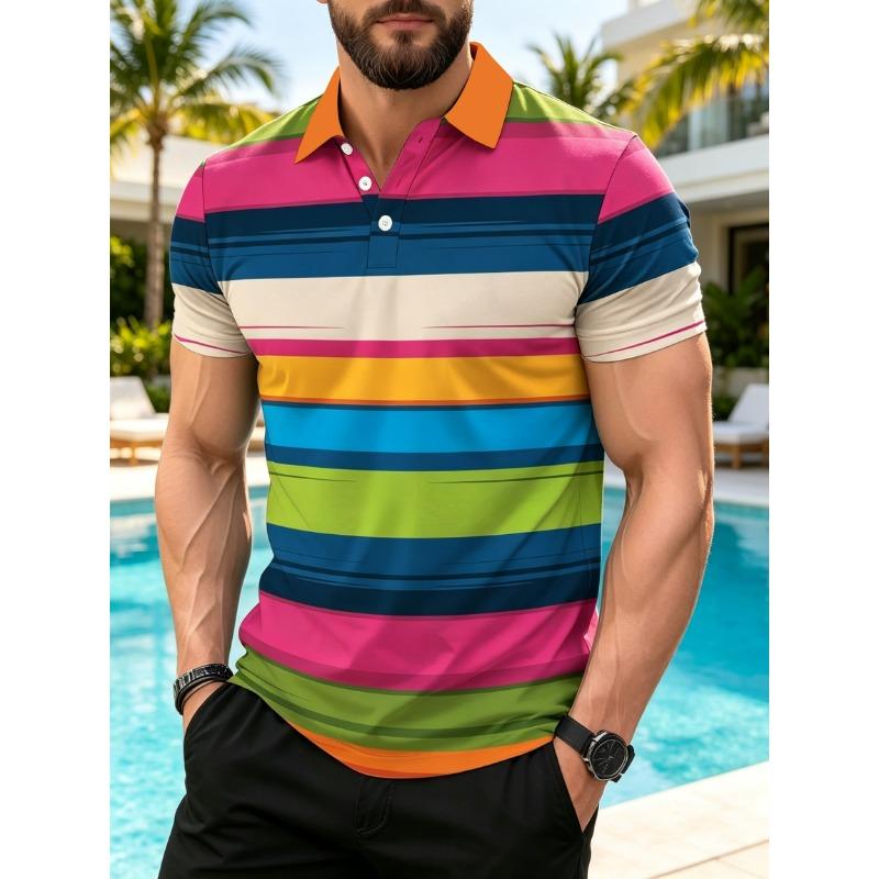 Men's Fashion Short-Sleeve Shirt, Vibrant Multi-Color Horizontal Stripes, Stylish and Versatile, Suitable for Daily Wear and Casual Occasions