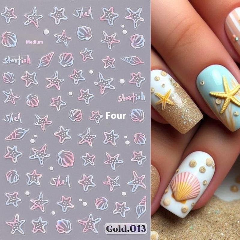 Jellyfish Summer Beach Nail Stickers Colorful Shell Starfish Conch Fish Adhesive Sliders Embossed Decals Manicure Foils Decor