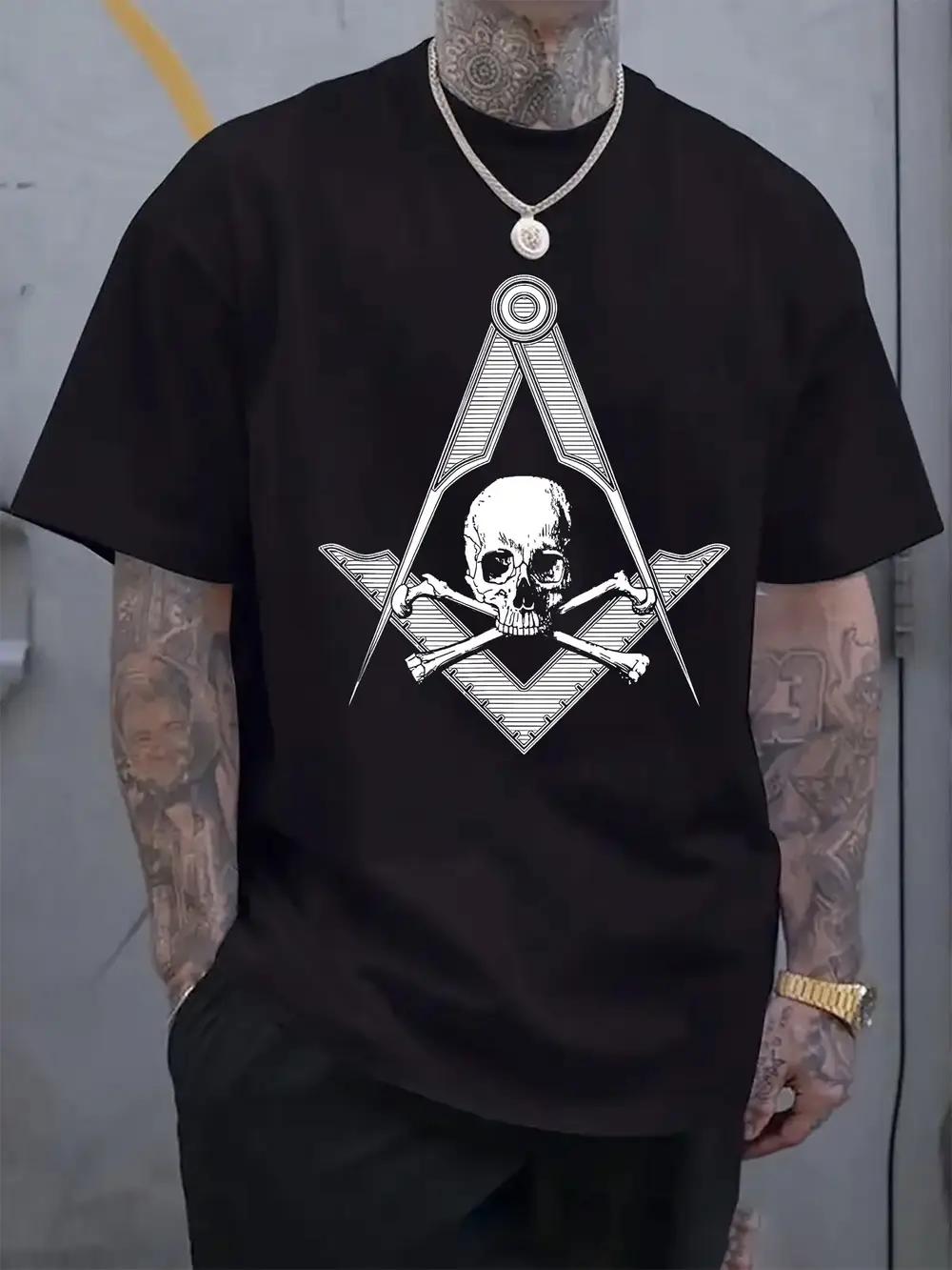 

Round Neck Short Sleeve T-shirt with Skull Freemason Logo Print XXL